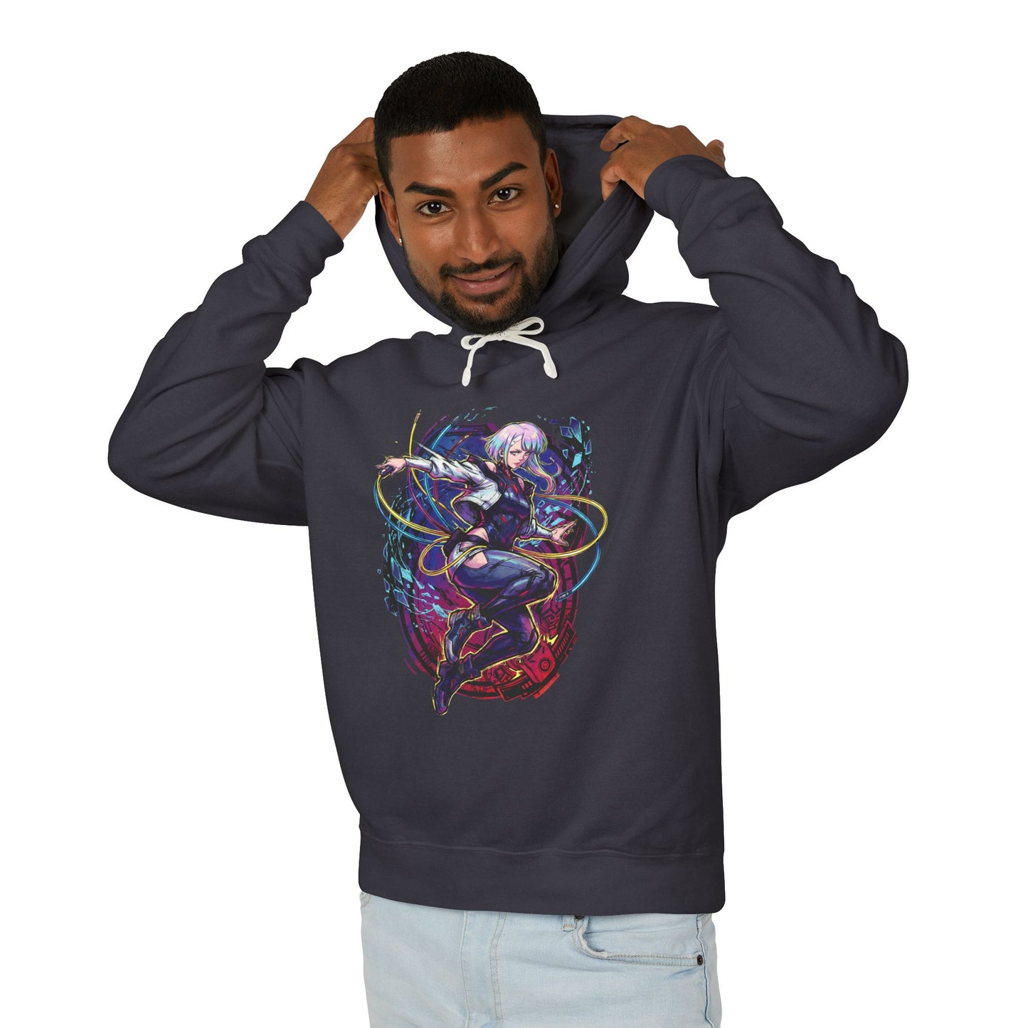 Lucy Cyberpunk White Hair Blue Ring Eyes Monowire Art Unisex Premium Hoodie