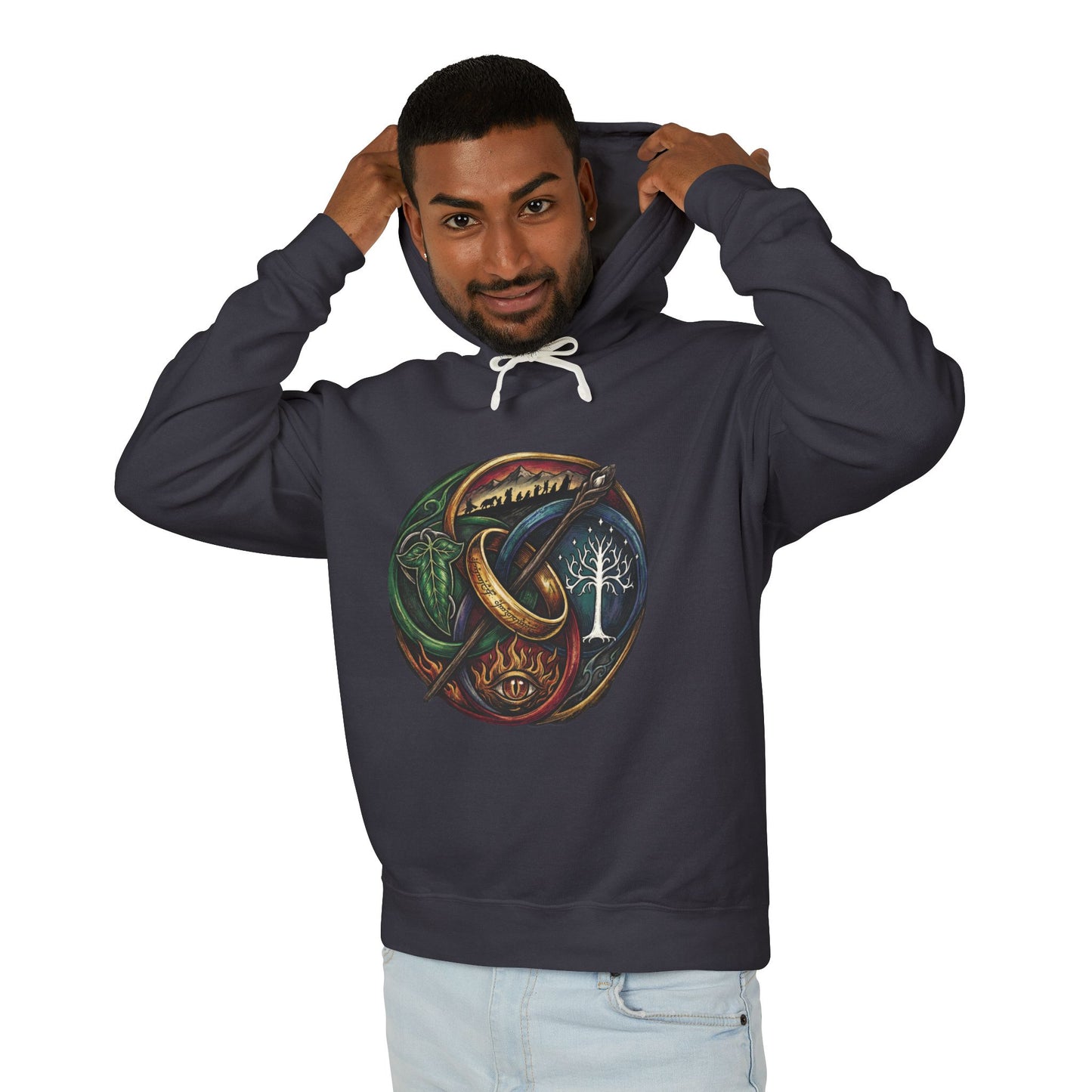 LOTR Fellowship Heraldic Crest Inspired – Elven Leaves Golden Circle Art Unisex Premium Hoodie