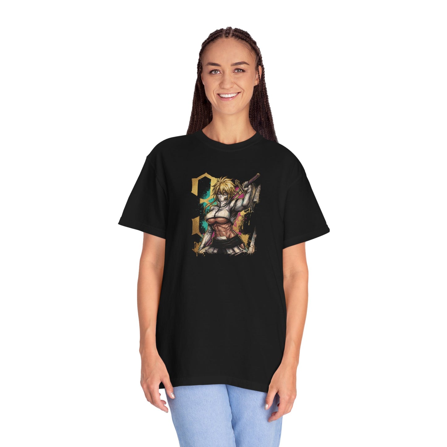 Golden Hair Espada Fighter Art – Calm Gaze Aqua Eyes Resurreccion Style Premium T-Shirt
