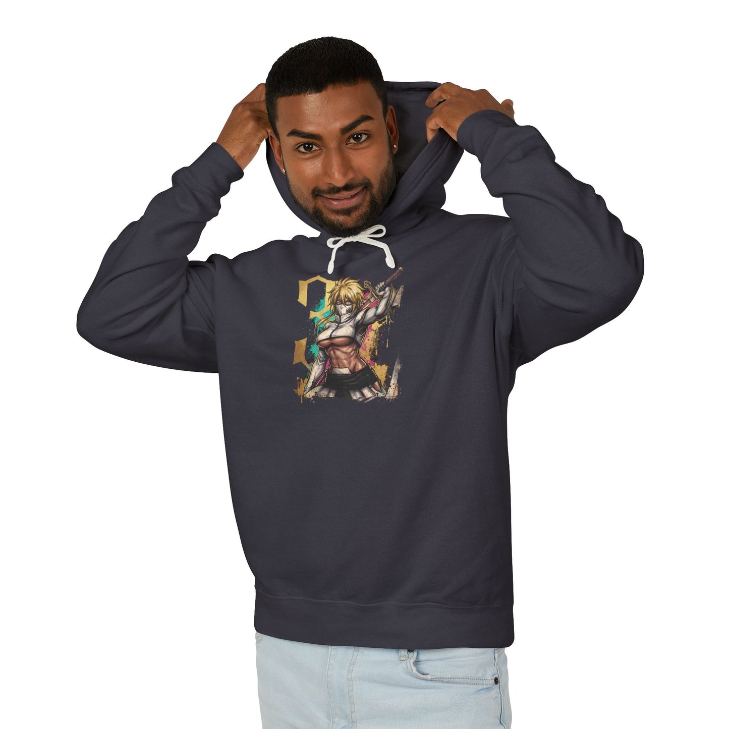 Golden Hair Espada Fighter Art – Calm Gaze Aqua Eyes Resurreccion Style Unisex Premium Hoodie