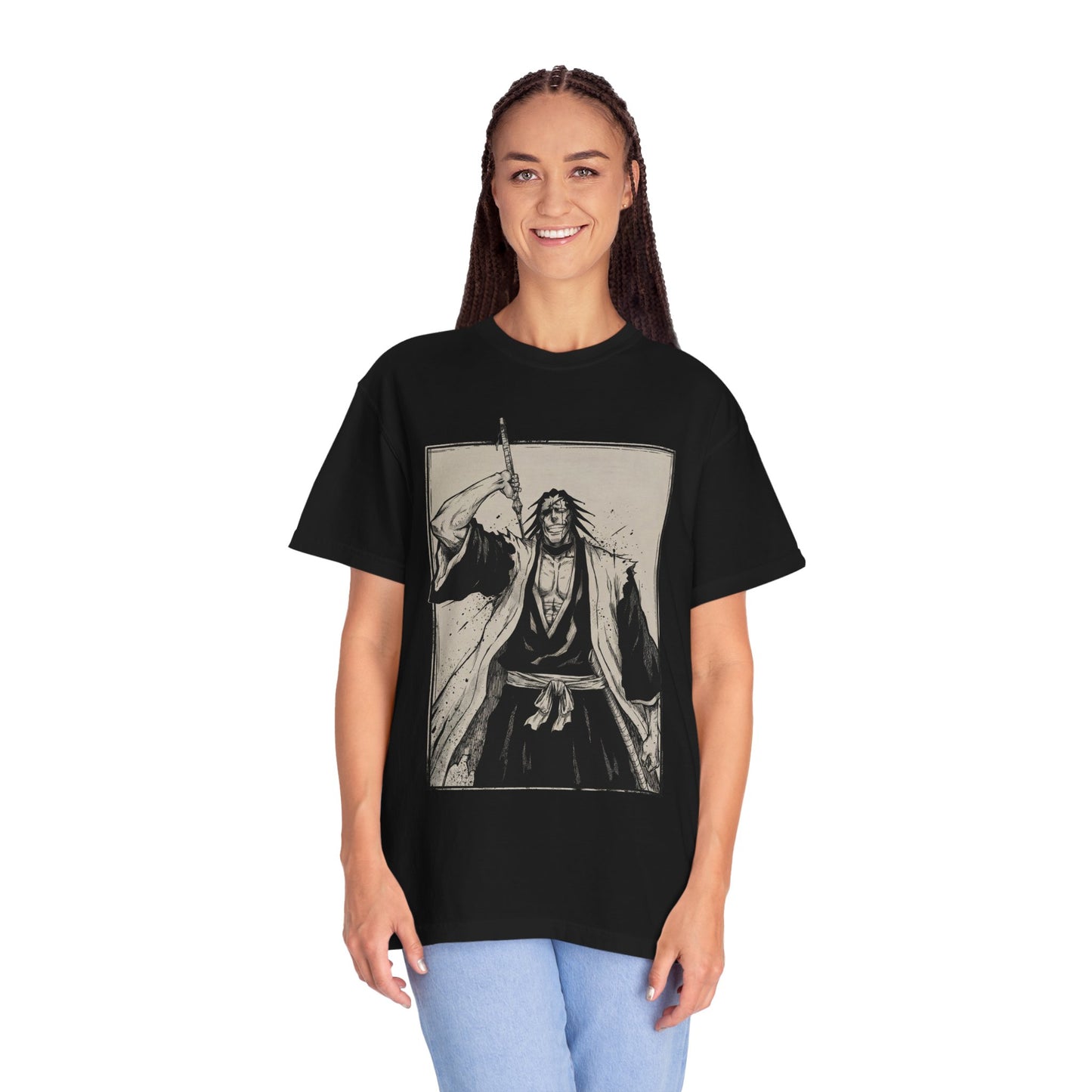 Spiky Black Hair Eyepatch Warrior Fan Art – Ragged Haori Berserker Design Premium T-Shirt