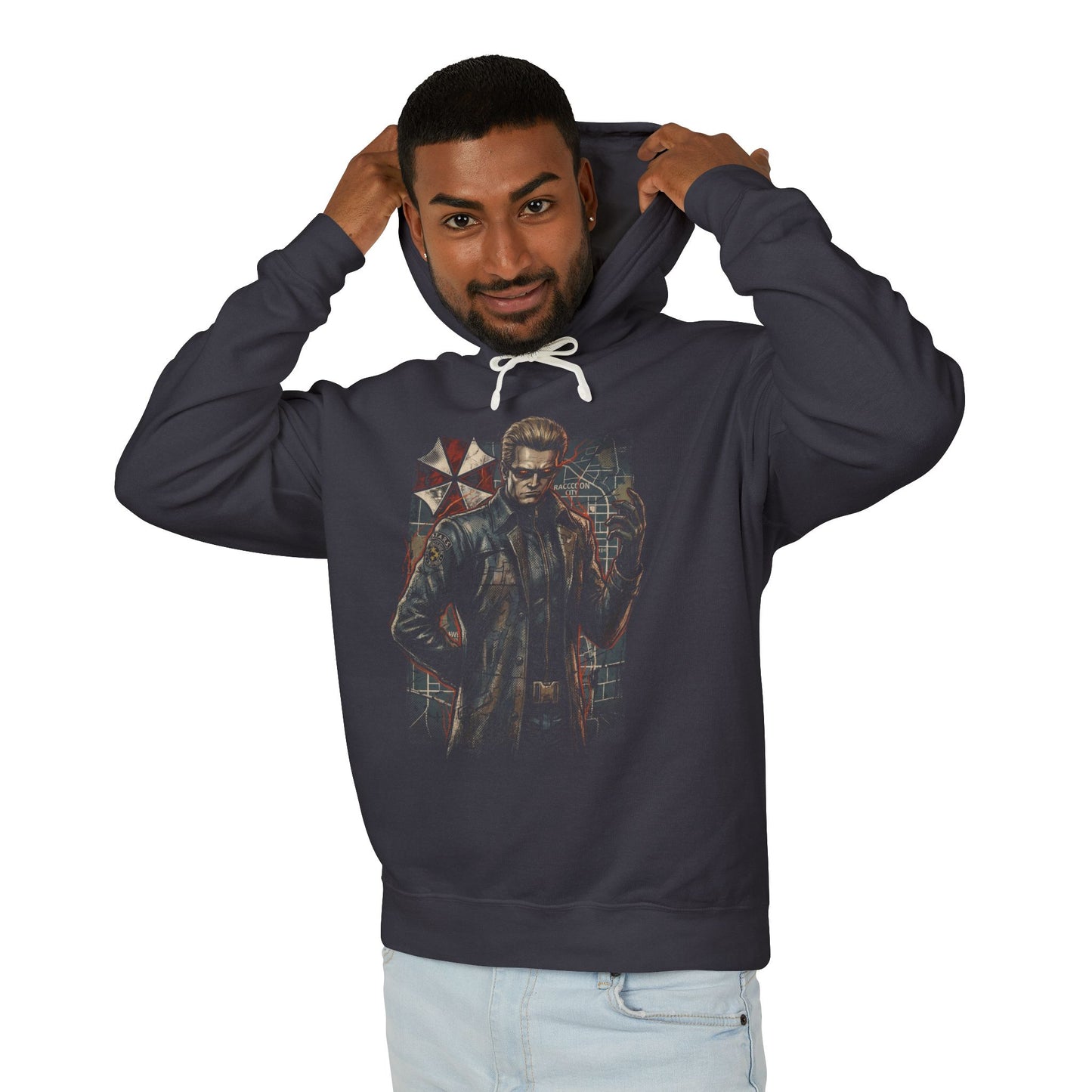 Wesker RE Black Leather Coat Red Eyes Betrayal Portrait Unisex Premium Hoodie