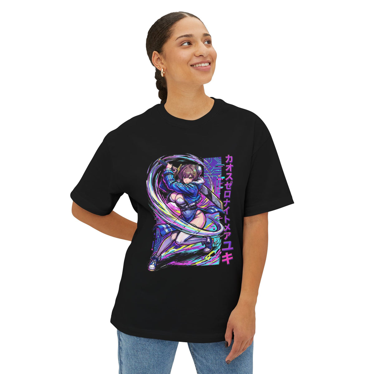 Chaos Zero Nightmare Yuki Neon Katakana Katana Fan Art Oversized T-Shirt