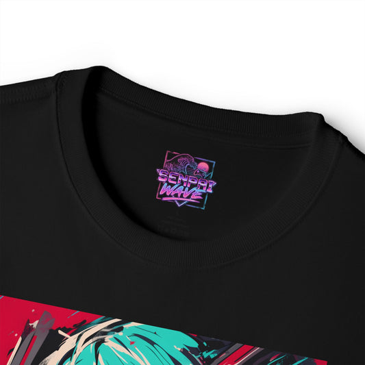 Hatsune Miku Teal Twin Tails Red Brushstroke Portrait Oversized T-Shirt