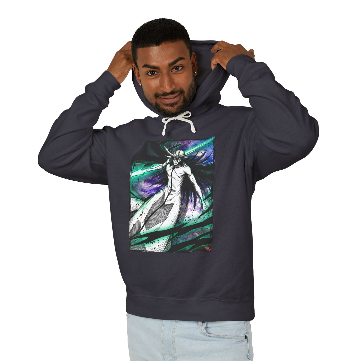 Ulquiorra Anime Arrancar Nihilist Fan Design – Teal Tear Lines Broken Helmet Fragments Unisex Premium Hoodie