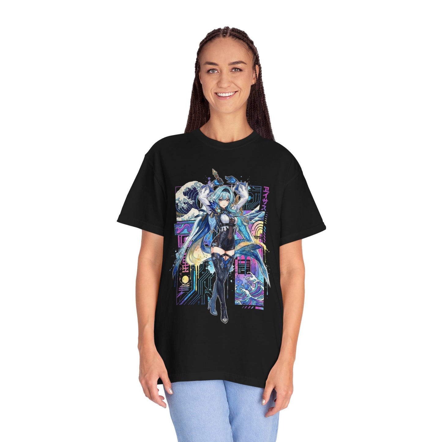 Genshin Eula Vaporwave Glitch Palm Sunset Neon Grid Art Premium T-Shirt