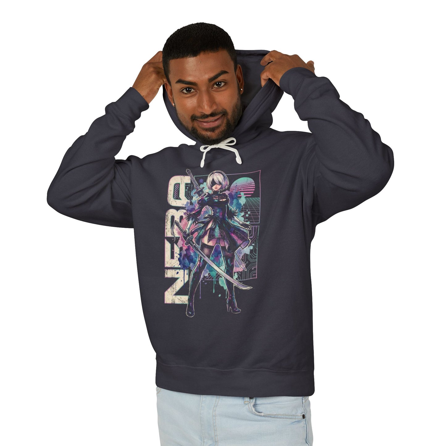 2B YoRHa NieR Vaporwave Retro 80s Pink Teal Portrait Unisex Premium Hoodie