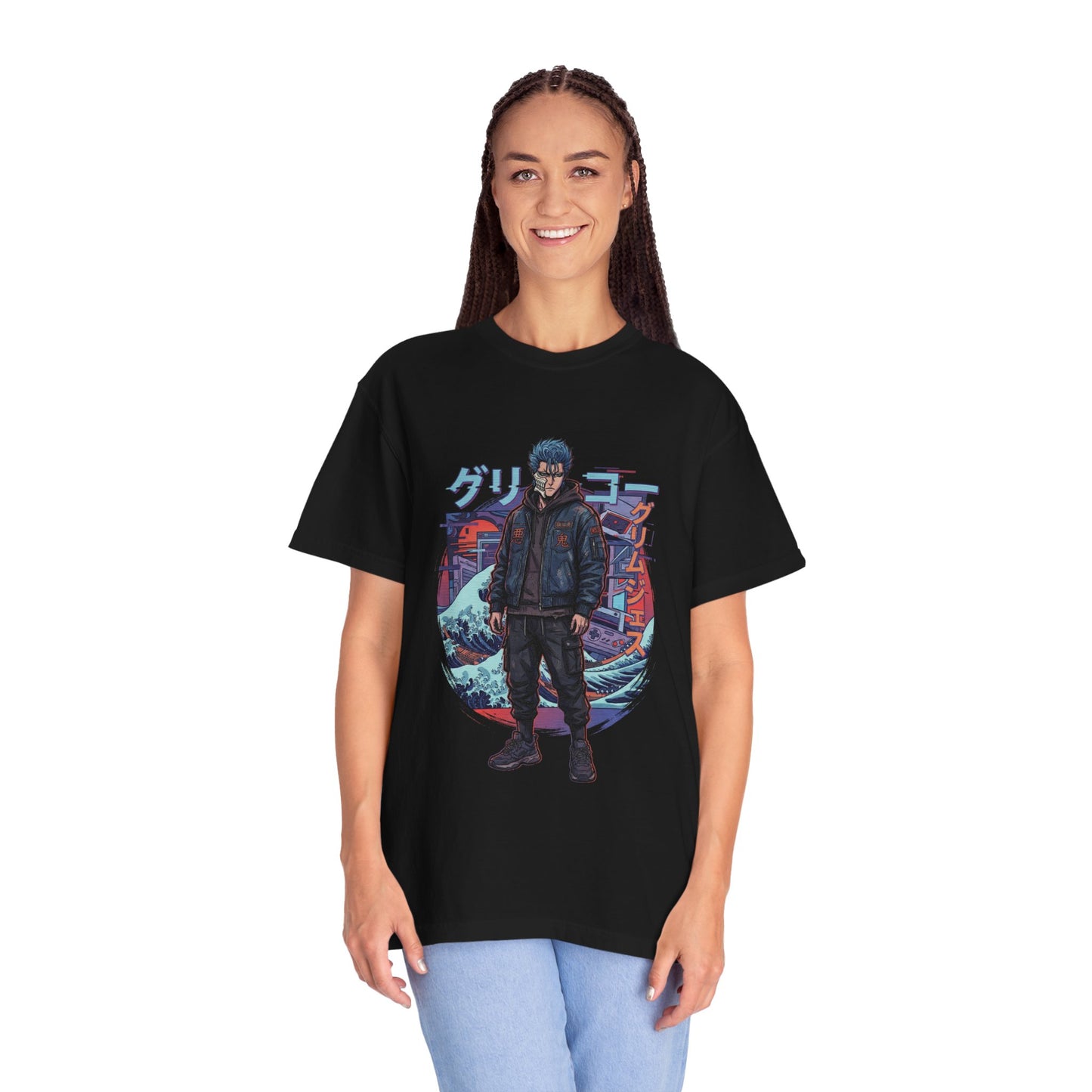 Bleach Grimmjow Light Blue Spiky Hair Casual Vaporwave Retro Grid Premium T-Shirt