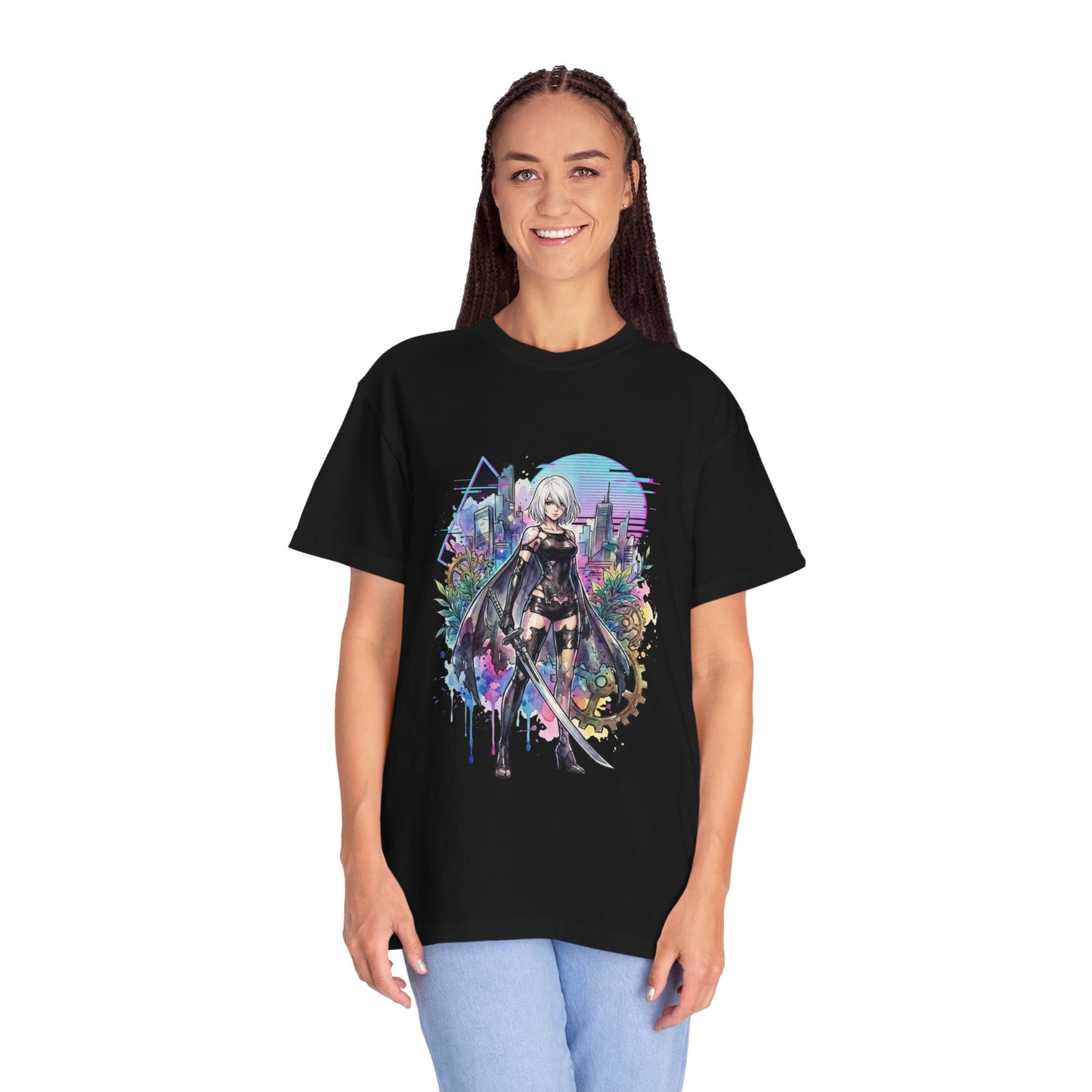 A2 NieR Automata Long Silver White Hair Damaged Skin Portrait Premium T-Shirt