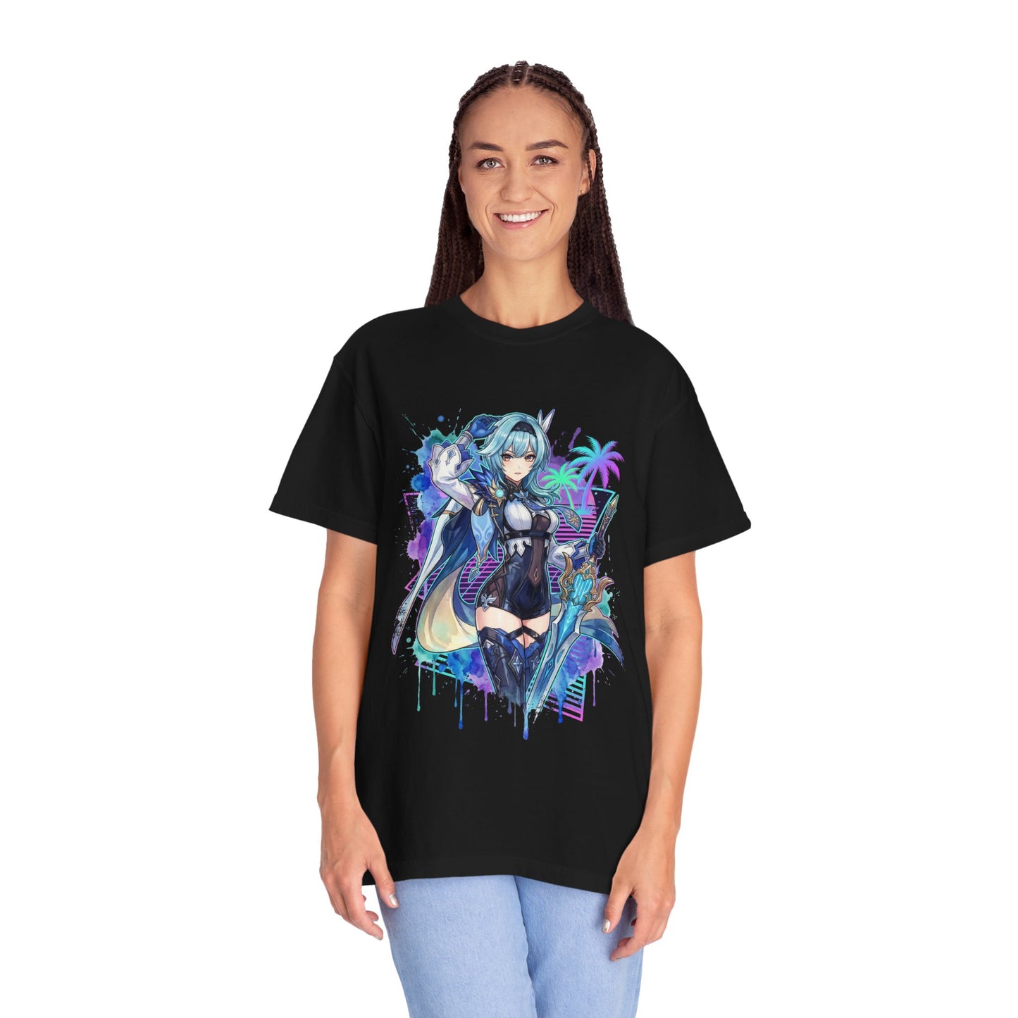 Genshin Impact Eula Vaporwave Neon Grid Japanese Text Portrait Premium T-Shirt
