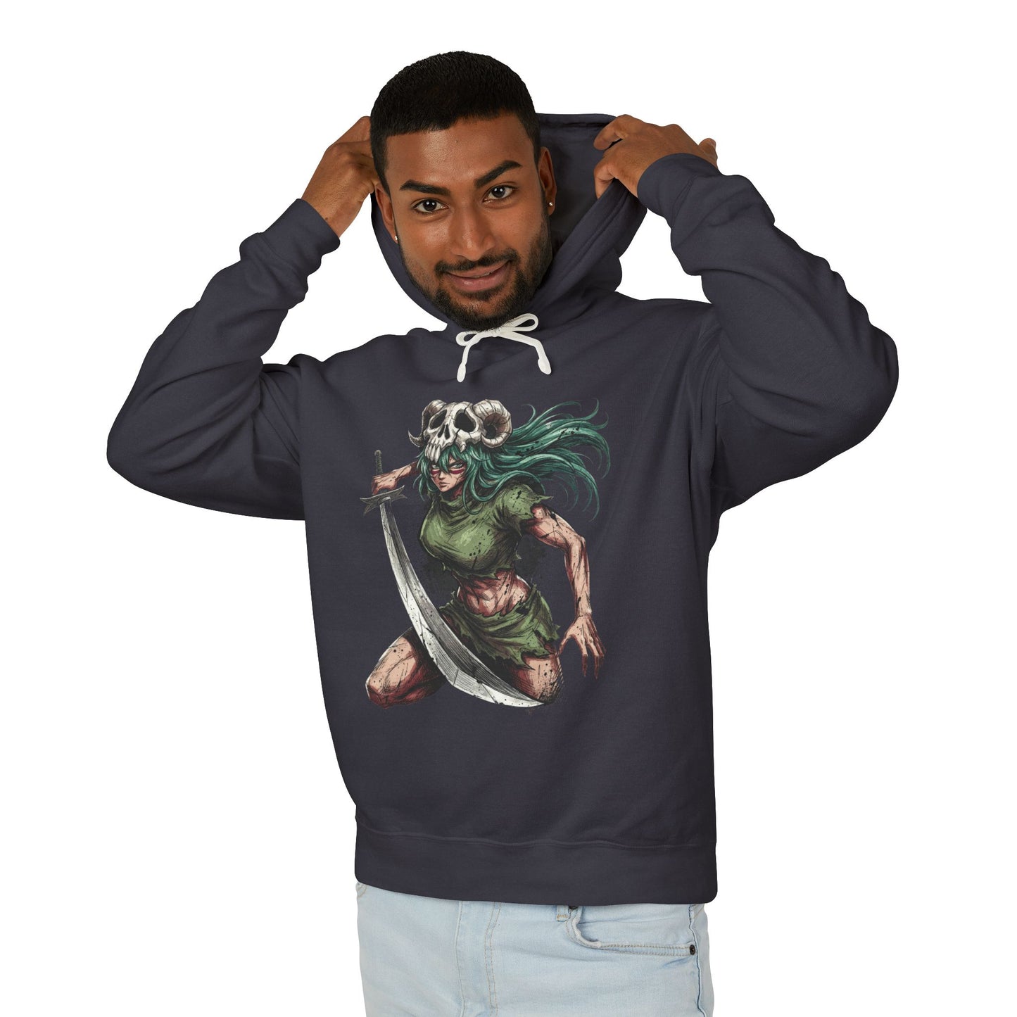 Elegant Anime Former Espada Vibes – Curvaceous Warrior Green Hair Portrait Unisex Premium Hoodie