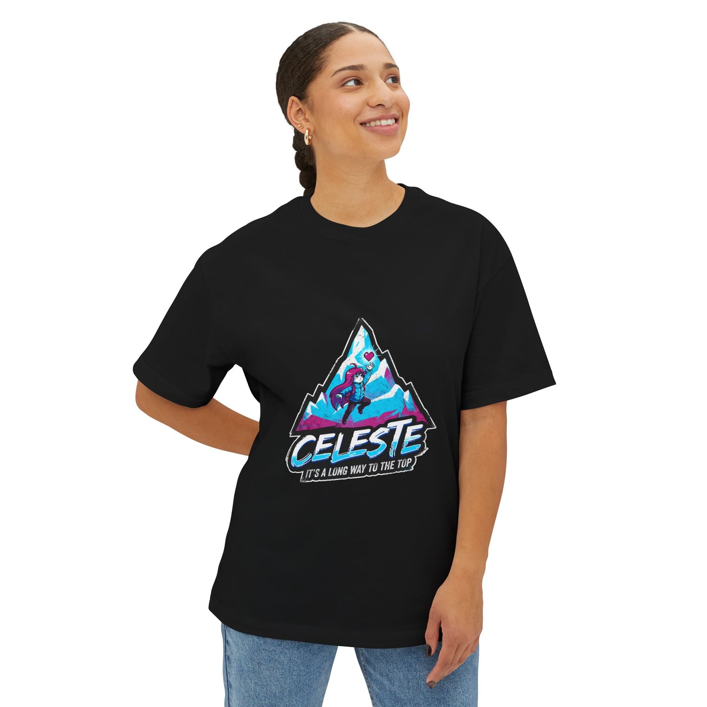 Celeste Indie Game: Madeline Climbing Mount Celeste Premium Oversized Unisex T-Shirt