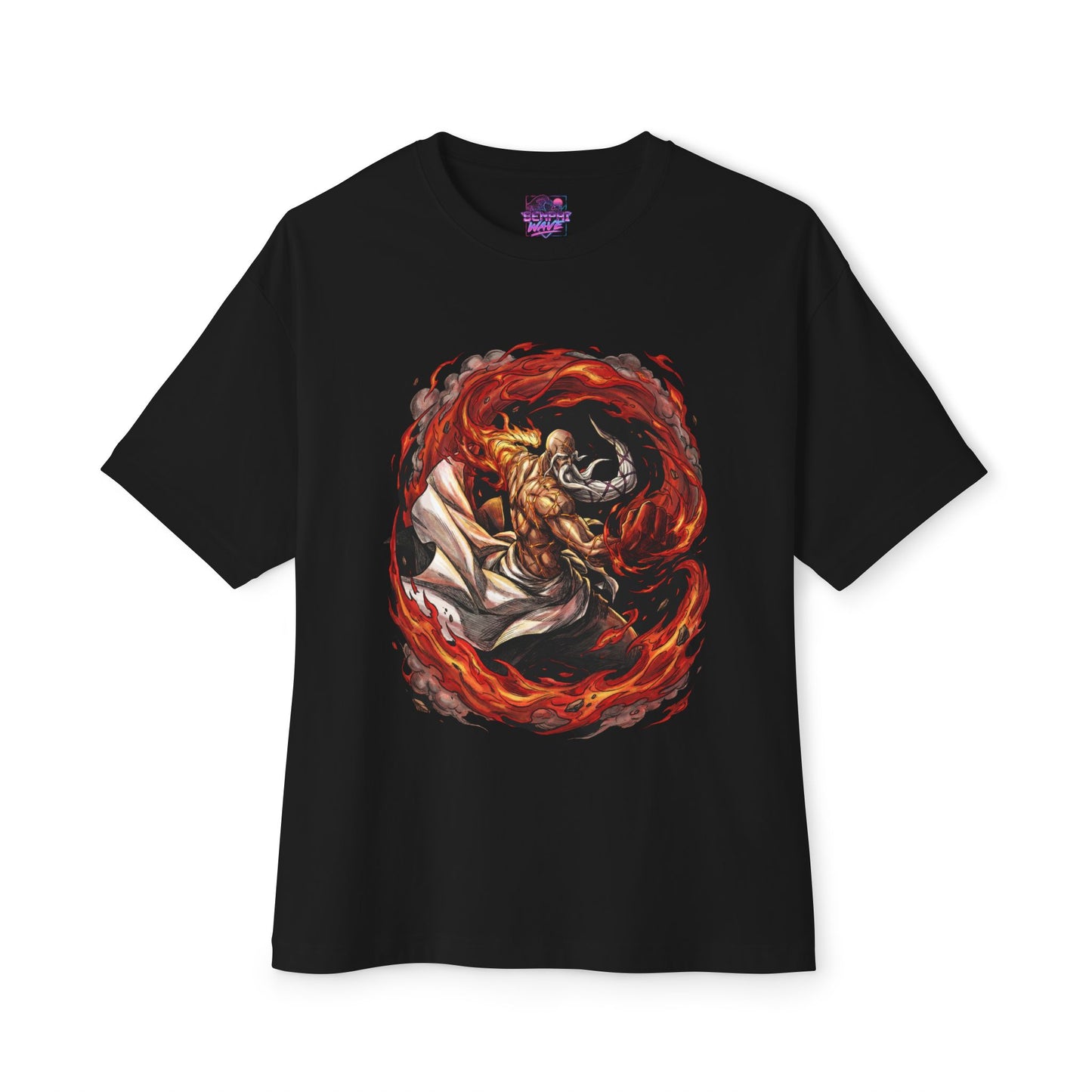 Elderly Fire Captain Ancient Flame Master Bankai Heaven Flames Divine Warrior Fan Art Portrait Premium Oversized Unisex T-Shirt