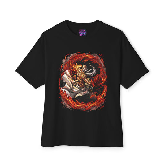 Elderly Fire Captain Ancient Flame Master Bankai Heaven Flames Divine Warrior Fan Art Portrait Premium Oversized Unisex T-Shirt