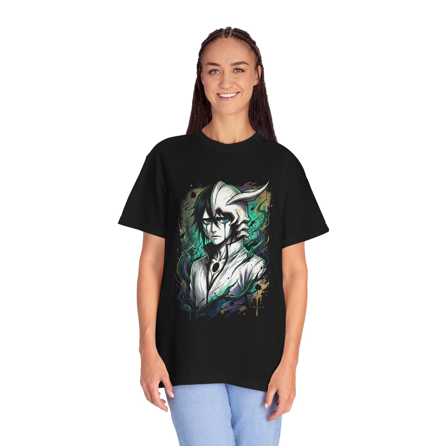 Messy Black Hair Arrancar Fan Art – Green Eyes Teal Lines Melancholic Design Premium T-Shirt