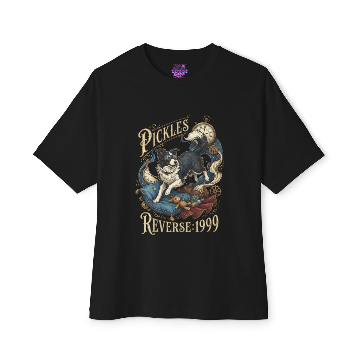 Reverse 1999 Pickles Border Collie Cushion Clocks Fan Art Oversized T-Shirt