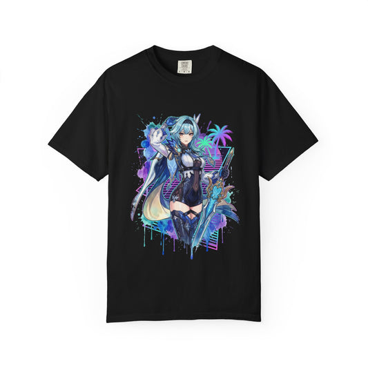 Genshin Impact Eula Vaporwave Neon Grid Japanese Text Portrait Premium T-Shirt