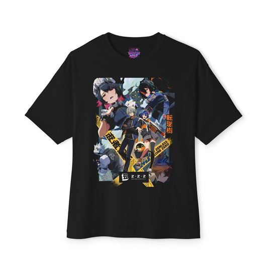 Zenless Zone Zero Cast Poster Blue Circuit Kanji Oversized T-Shirt
