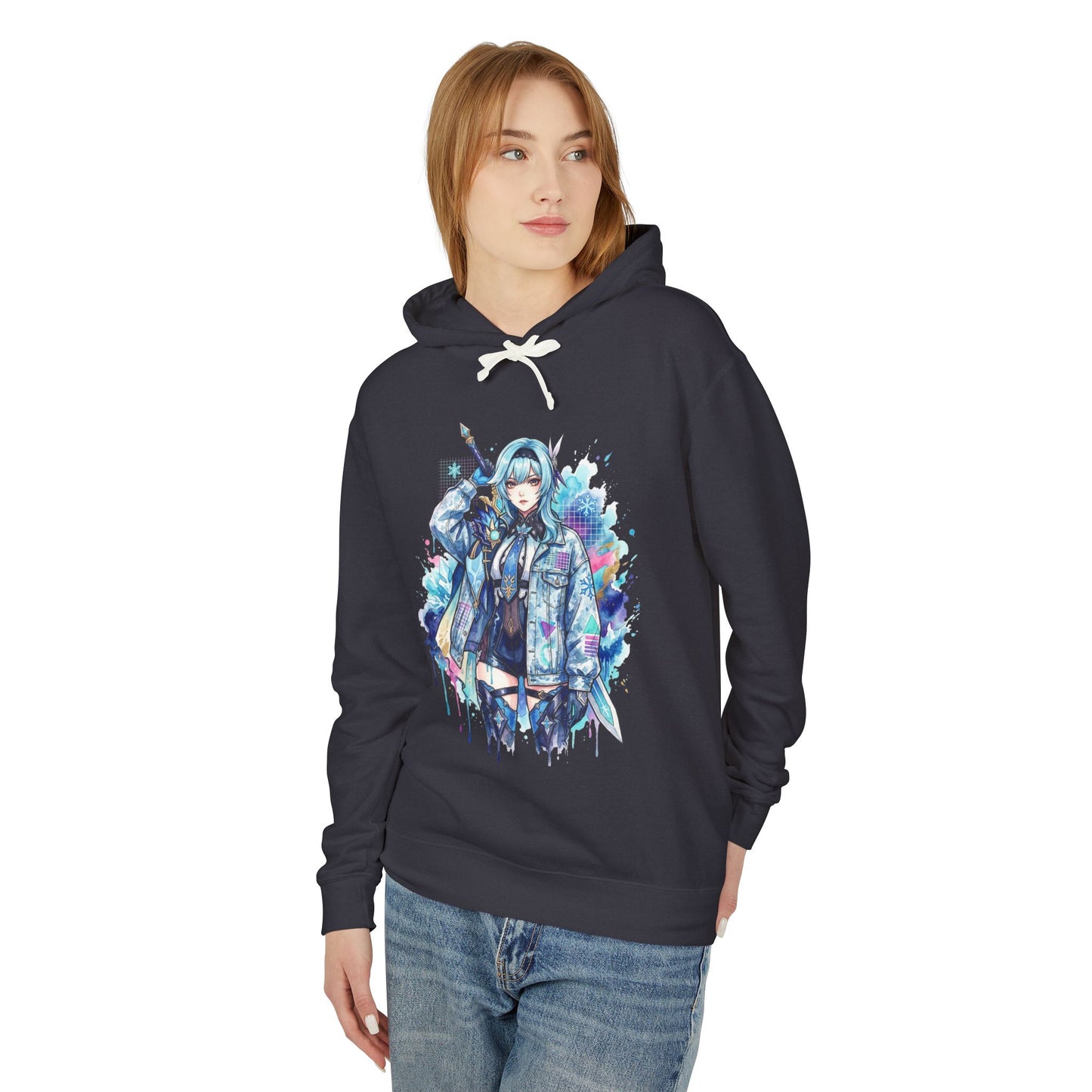 Genshin Impact Eula Vaporwave Neon Japanese Text Overlay Design Unisex Premium Hoodie