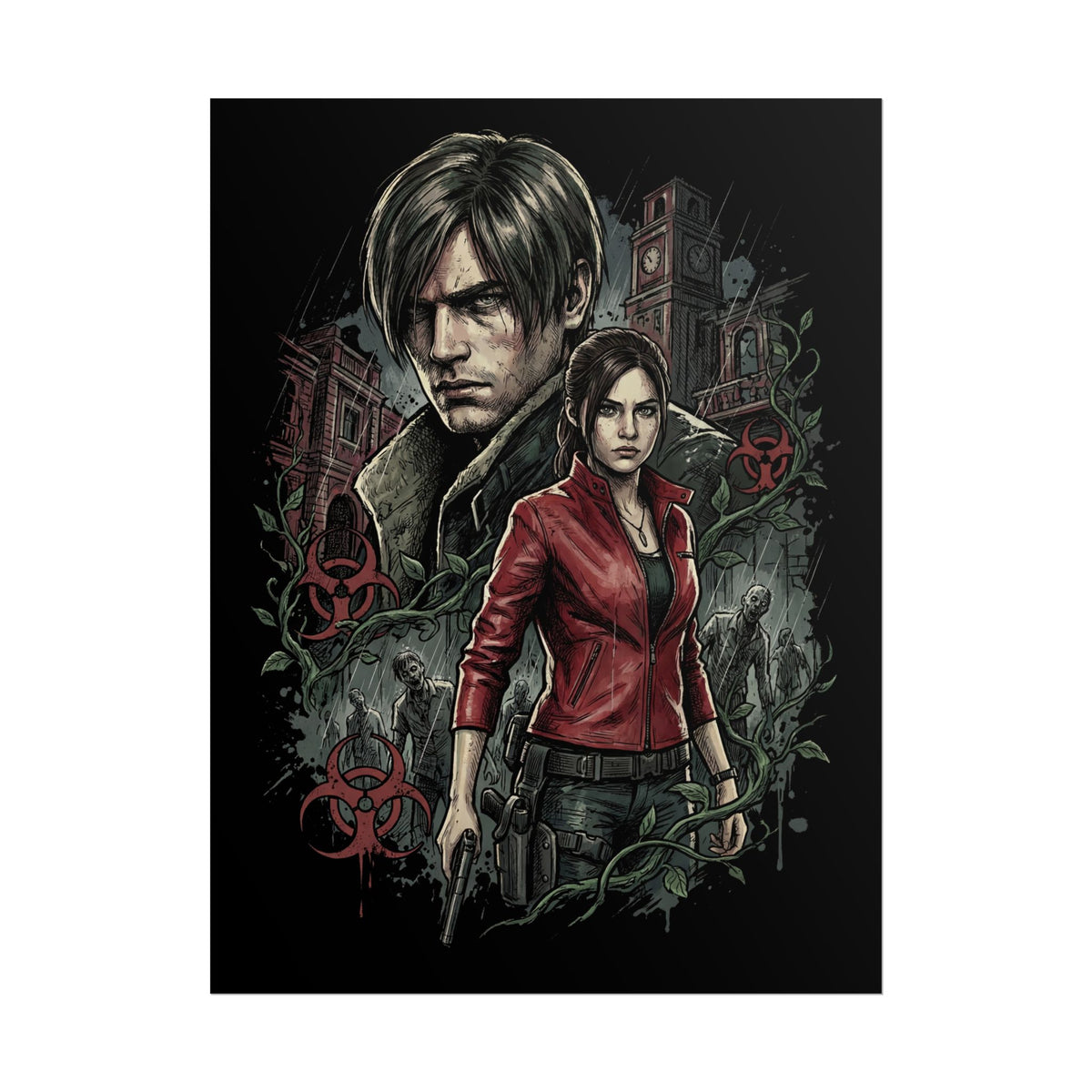 Resident Evil 2 Leon Kennedy and Claire Raccoon City Biohazard Poster