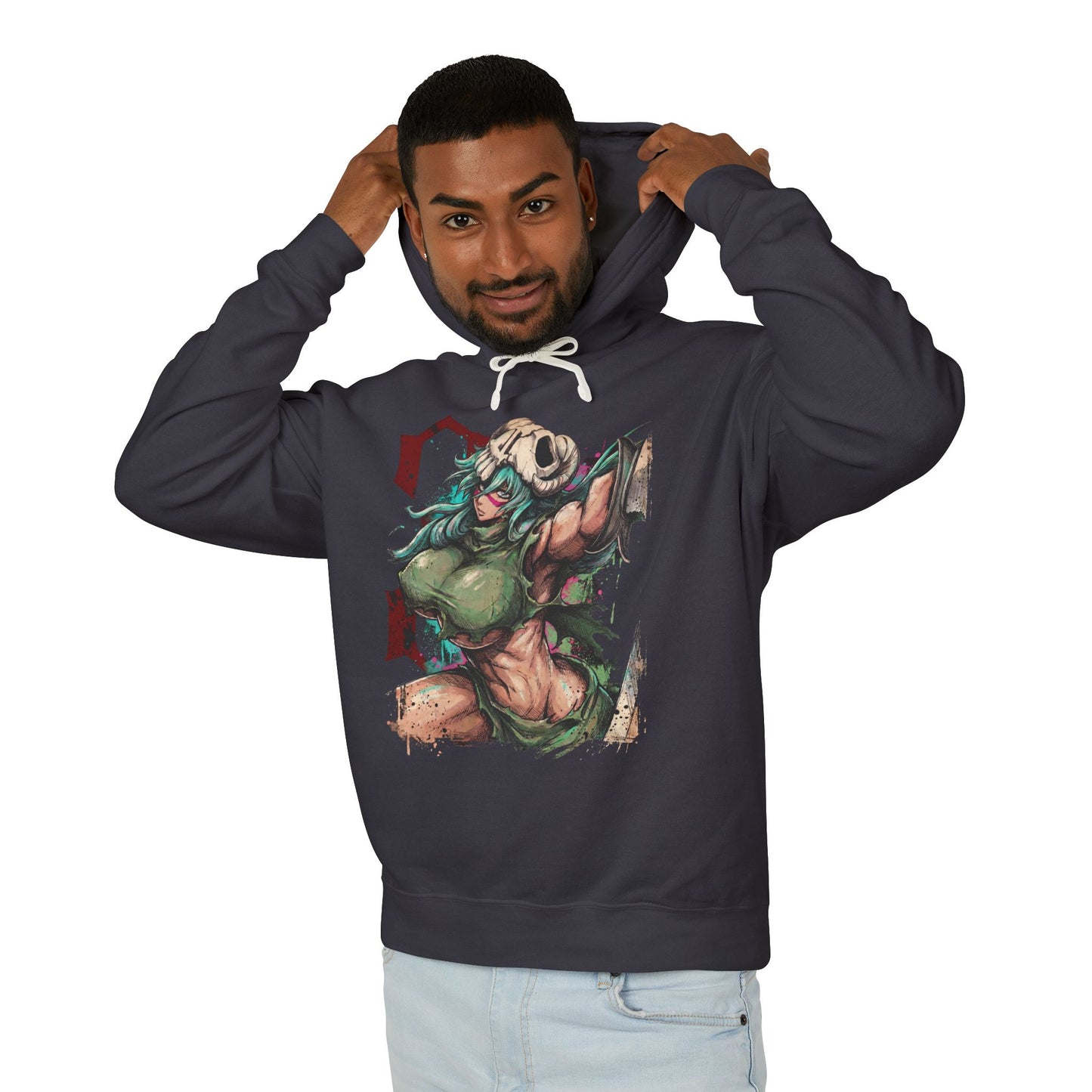 Green Hair Arrancar Warrior Fan Art – Hazel Eyes Scarred Face Design Unisex Premium Hoodie