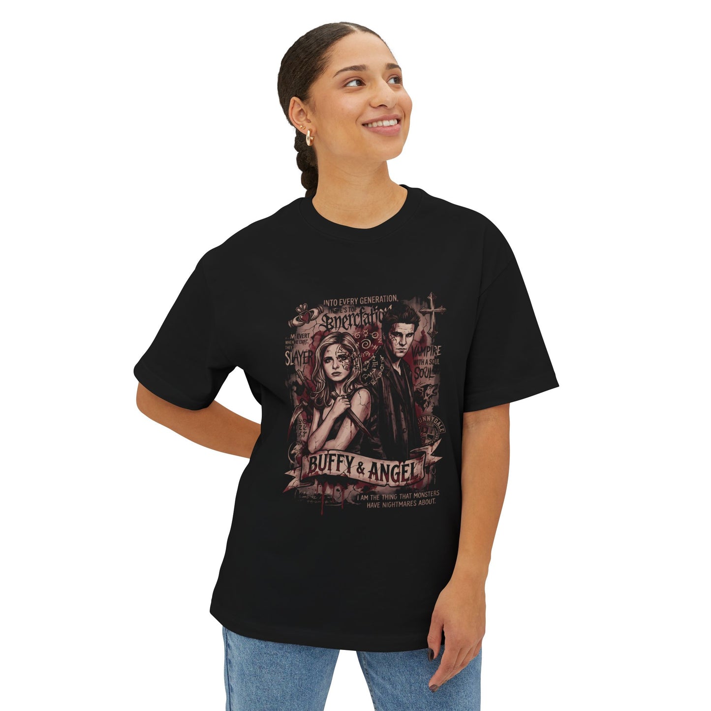 Retro Buffy and Angel Kiss – Iconic 90s TV Couple Premium Oversized Unisex T-Shirt