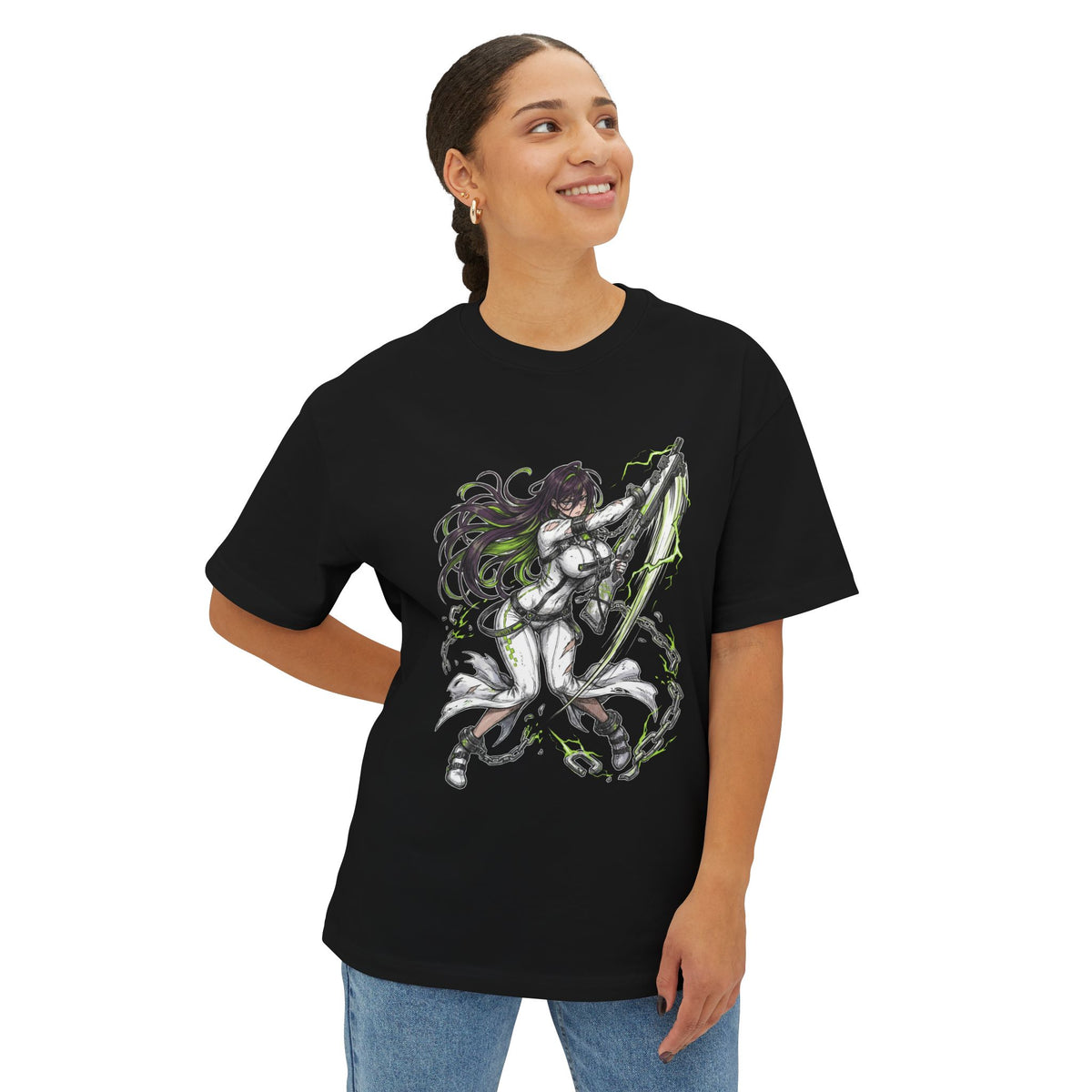 Nikke Guilty White Restraint Suit Green Lightning Fan Art Oversized T-Shirt