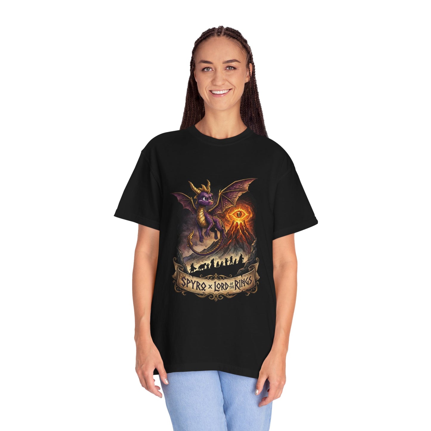 Lord of the Rings Spyro Mashup – Gliding Dragon Over Mordor Epic Art Premium T-Shirt