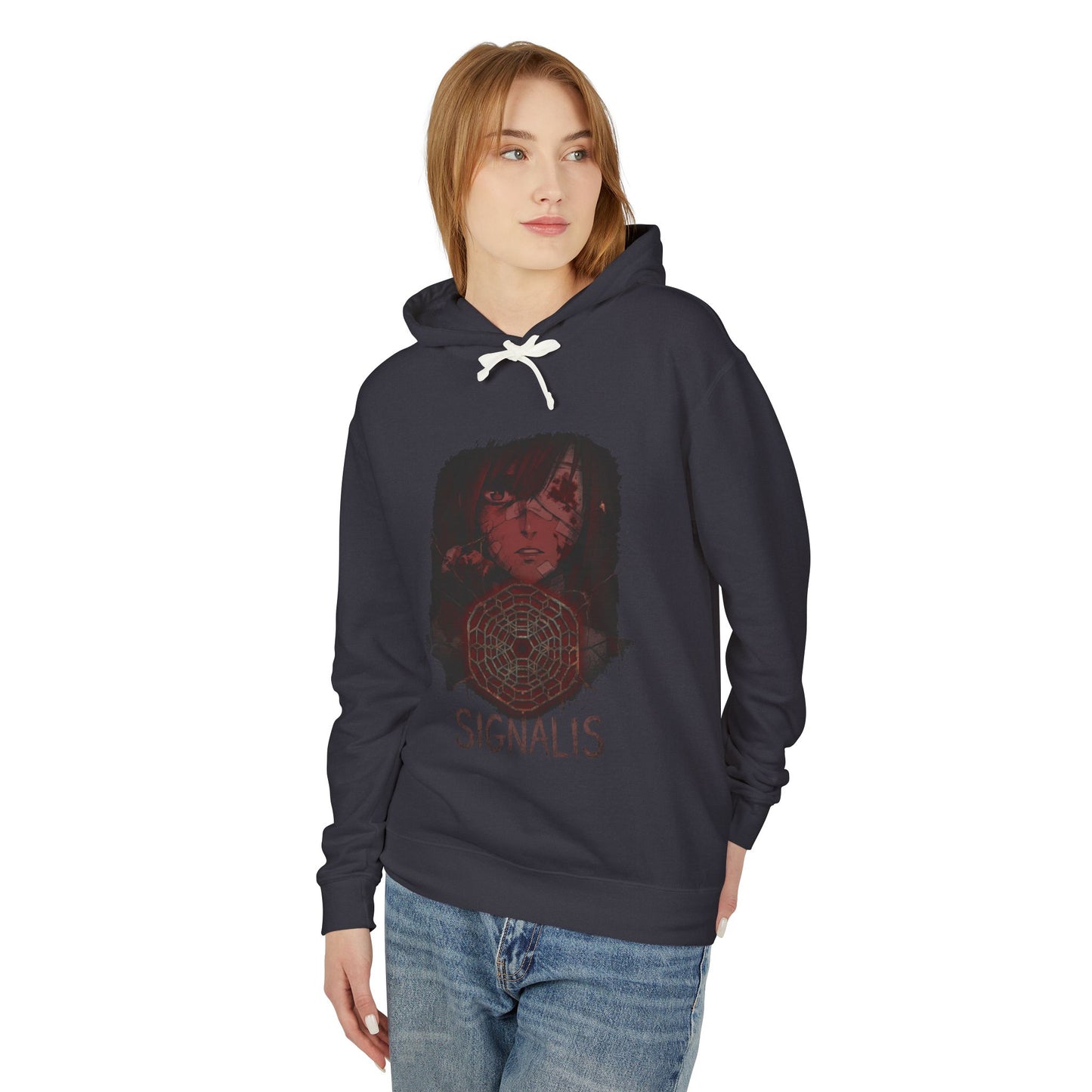 Signalis Elster Black Hair Red Eyes Dystopian Pixel Portrait Unisex Premium Hoodie