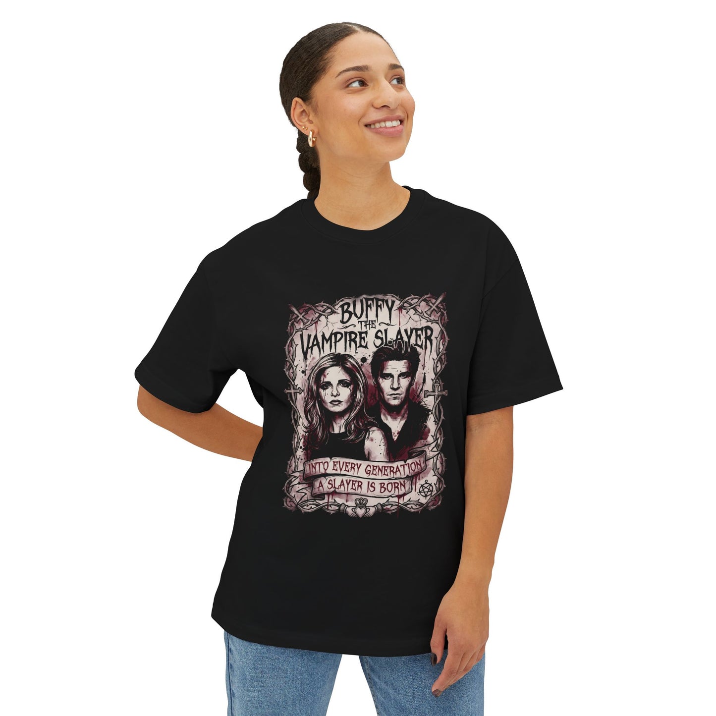 Angel Buffy Passionate Embrace – Star-Crossed Lovers Design Premium Oversized Unisex T-Shirt