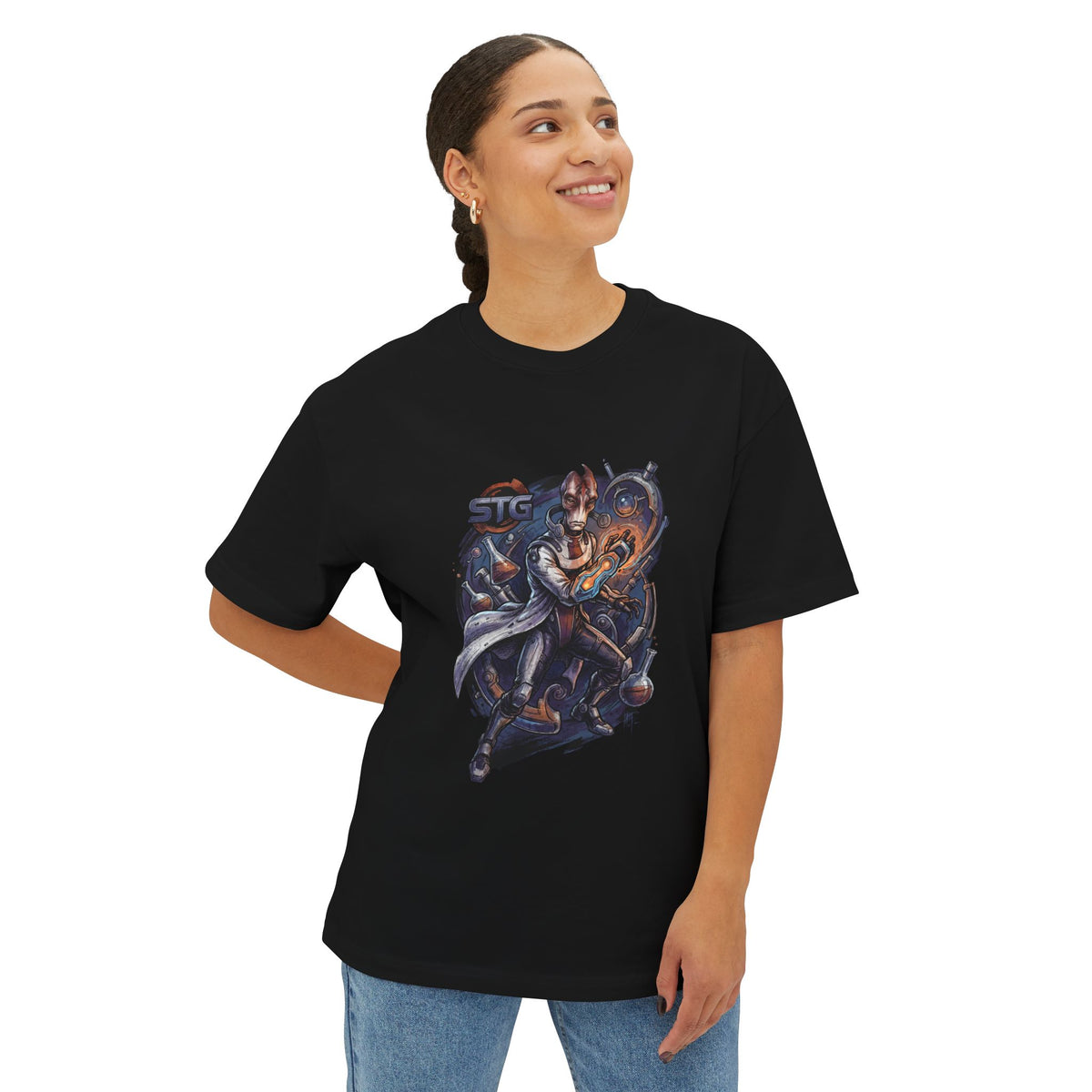 Mass Effect Mordin Lab Coat Flasks Blue Fan Art Oversized T-Shirt