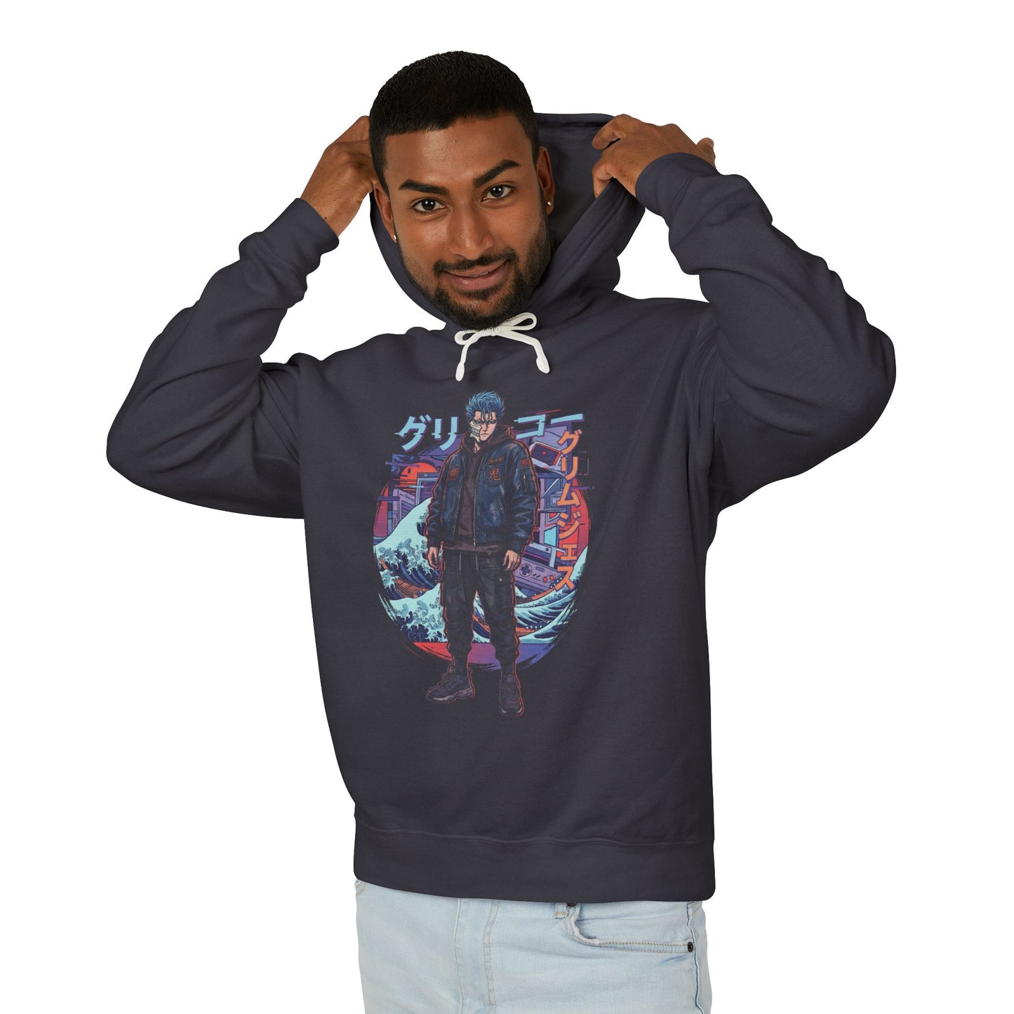 Bleach Grimmjow Light Blue Spiky Hair Casual Vaporwave Retro Grid Unisex Premium Hoodie