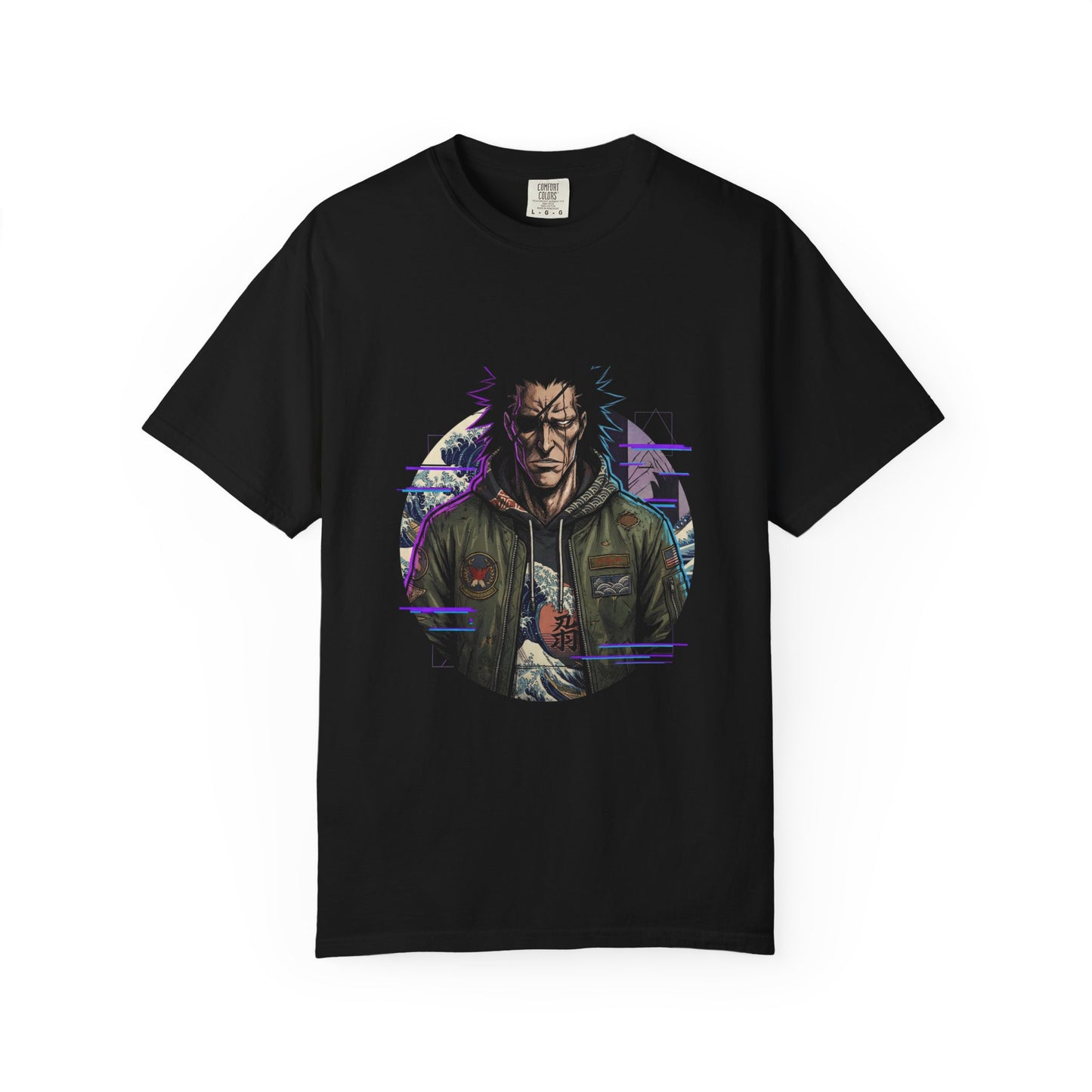Spiky Black Hair Eyepatch Warrior Fan Art – Ragged Haori Berserker Design Premium T-Shirt