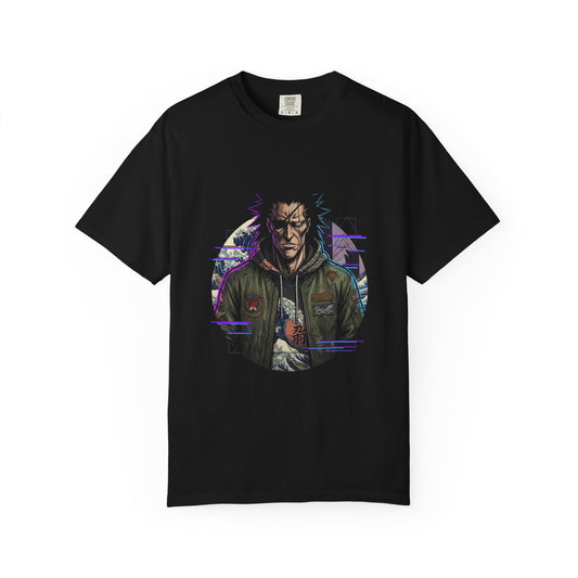 Spiky Black Hair Eyepatch Warrior Fan Art – Ragged Haori Berserker Design Premium T-Shirt