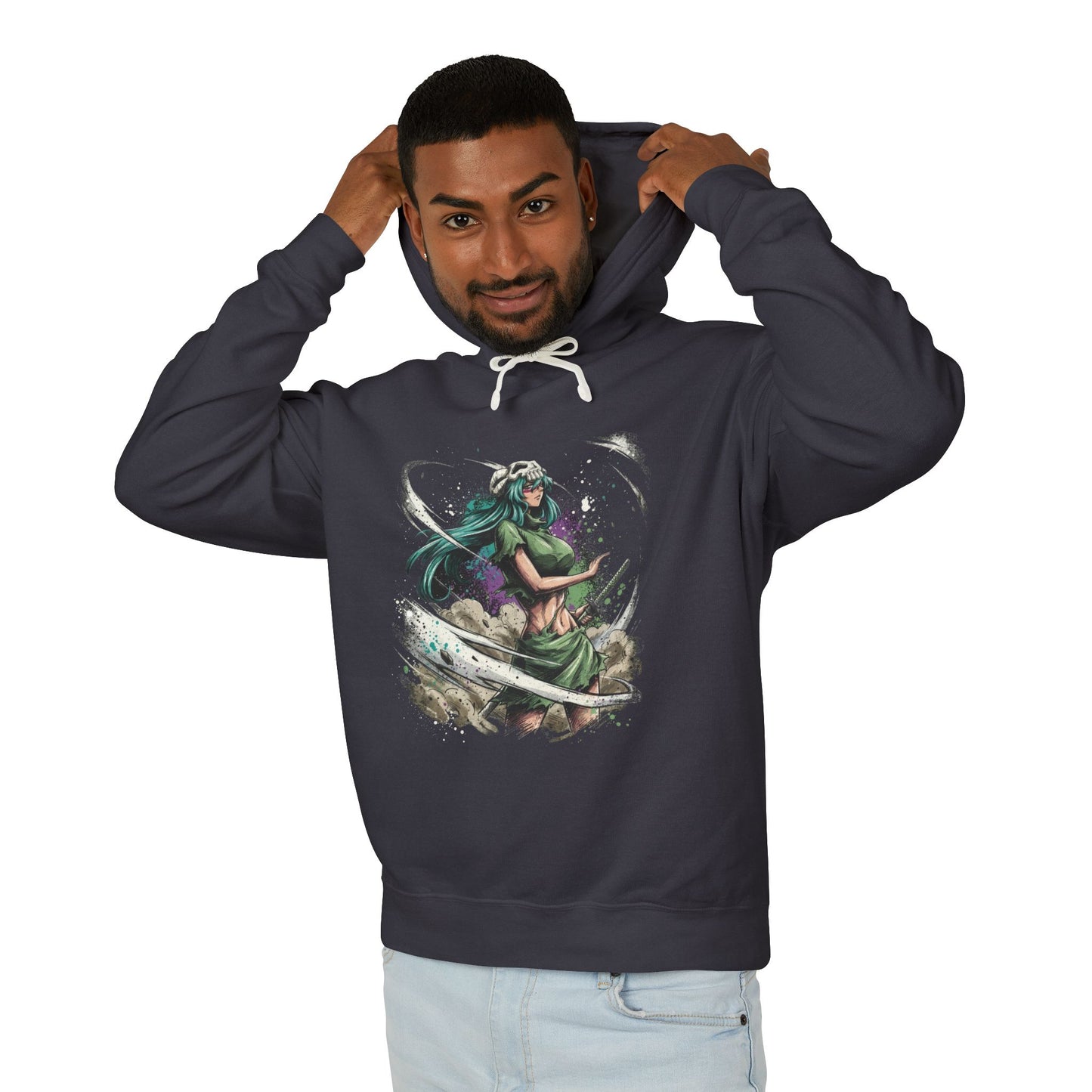Green Hair Arrancar Warrior Fan Art – Hazel Eyes Scarred Face Design Unisex Premium Hoodie