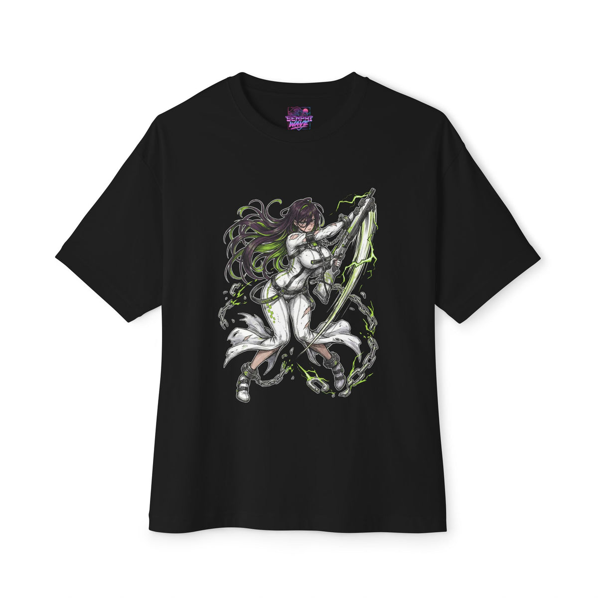 Nikke Guilty White Restraint Suit Green Lightning Fan Art Oversized T-Shirt