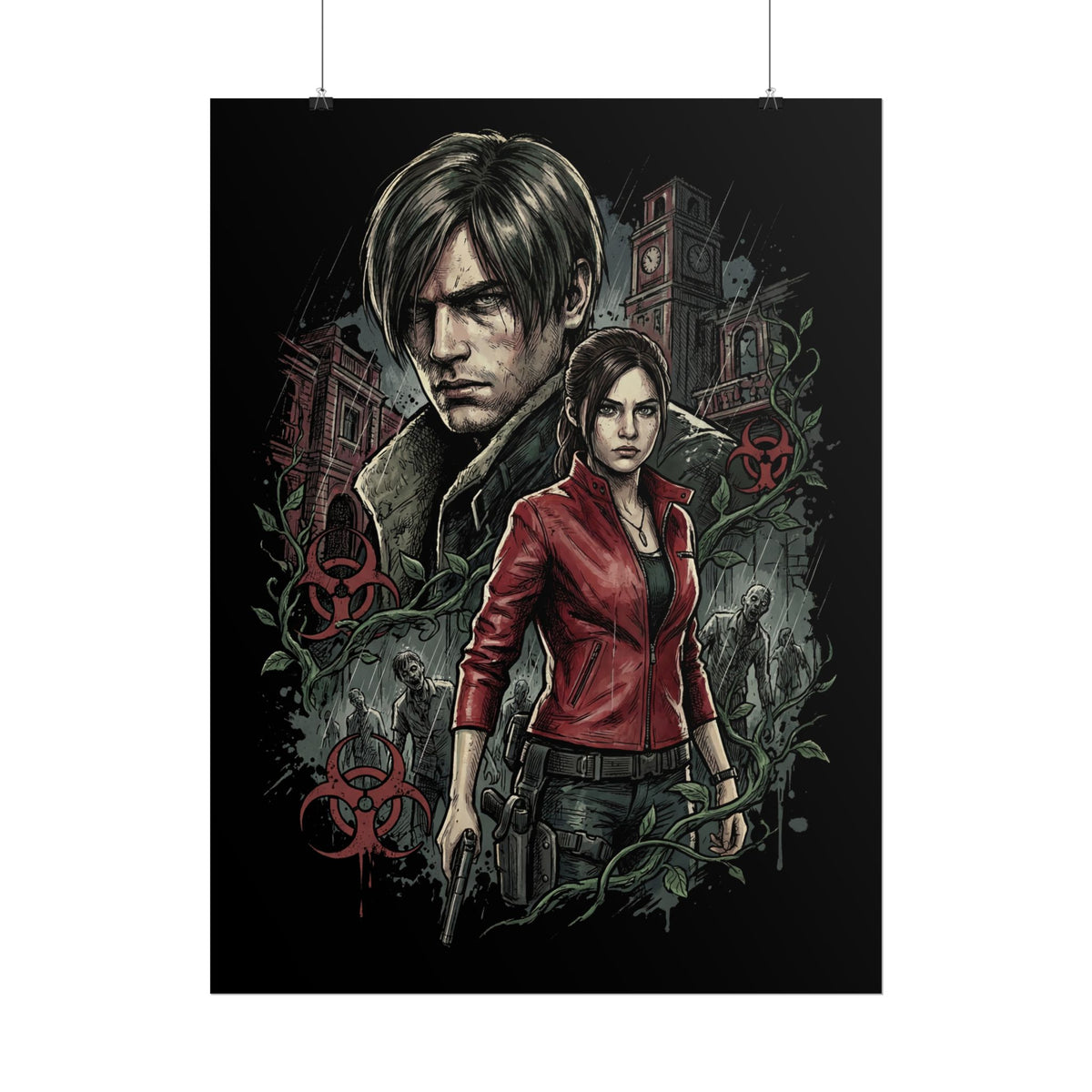 Resident Evil 2 Leon Kennedy and Claire Raccoon City Biohazard Poster