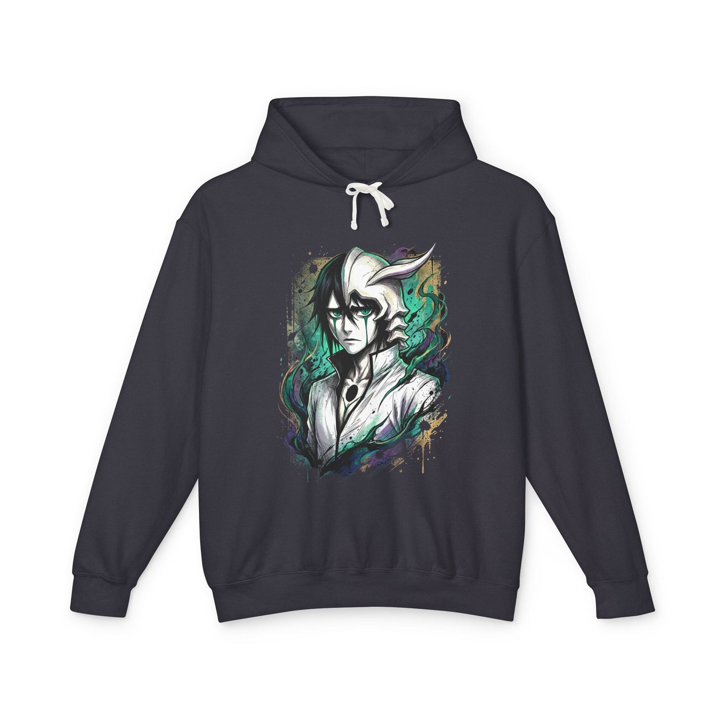 Messy Black Hair Arrancar Fan Art – Green Eyes Teal Lines Melancholic Design Unisex Premium Hoodie