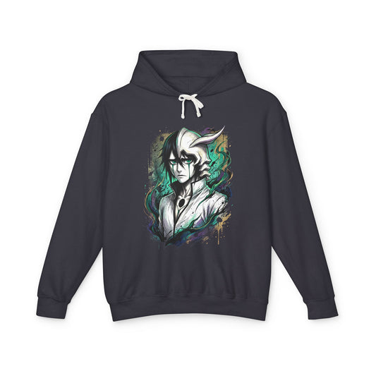Messy Black Hair Arrancar Fan Art – Green Eyes Teal Lines Melancholic Design Unisex Premium Hoodie