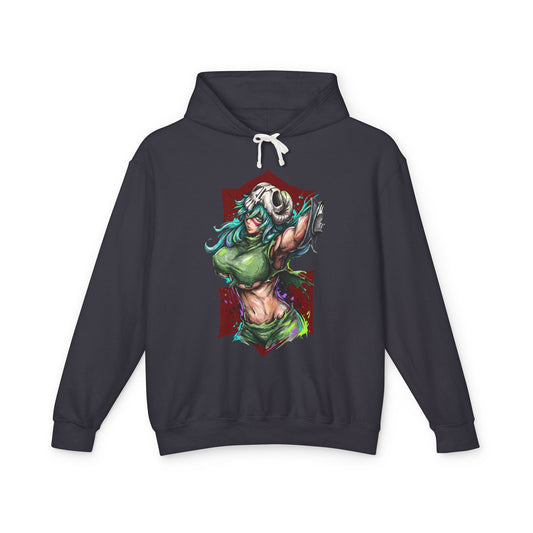 Green Hair Arrancar Warrior Fan Art – Hazel Eyes Scarred Face Design Unisex Premium Hoodie