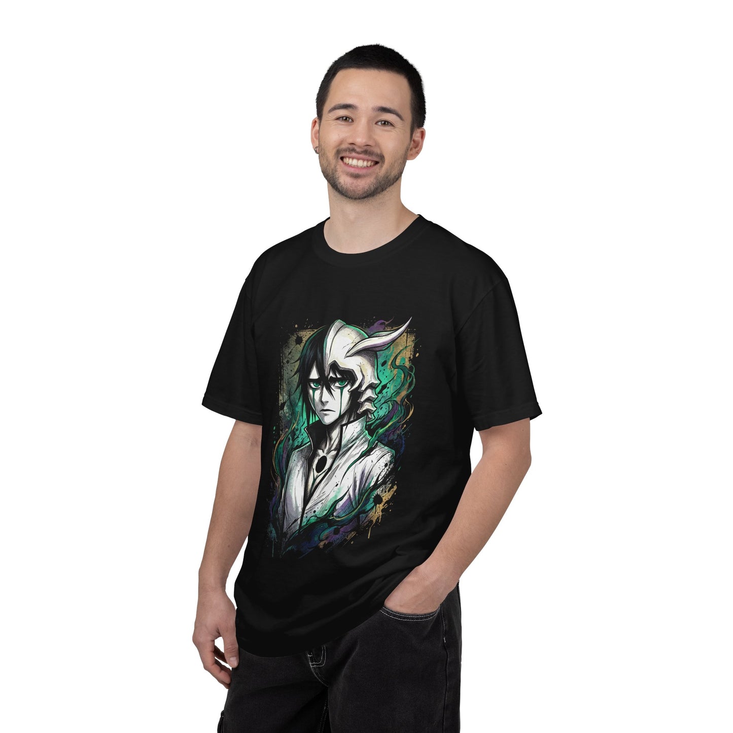 Messy Black Hair Arrancar Fan Art – Green Eyes Teal Lines Melancholic Design Premium T-Shirt