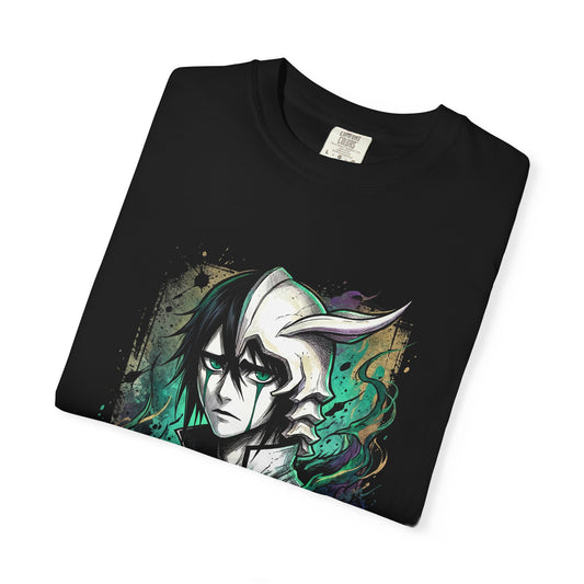 Messy Black Hair Arrancar Fan Art – Green Eyes Teal Lines Melancholic Design Premium T-Shirt