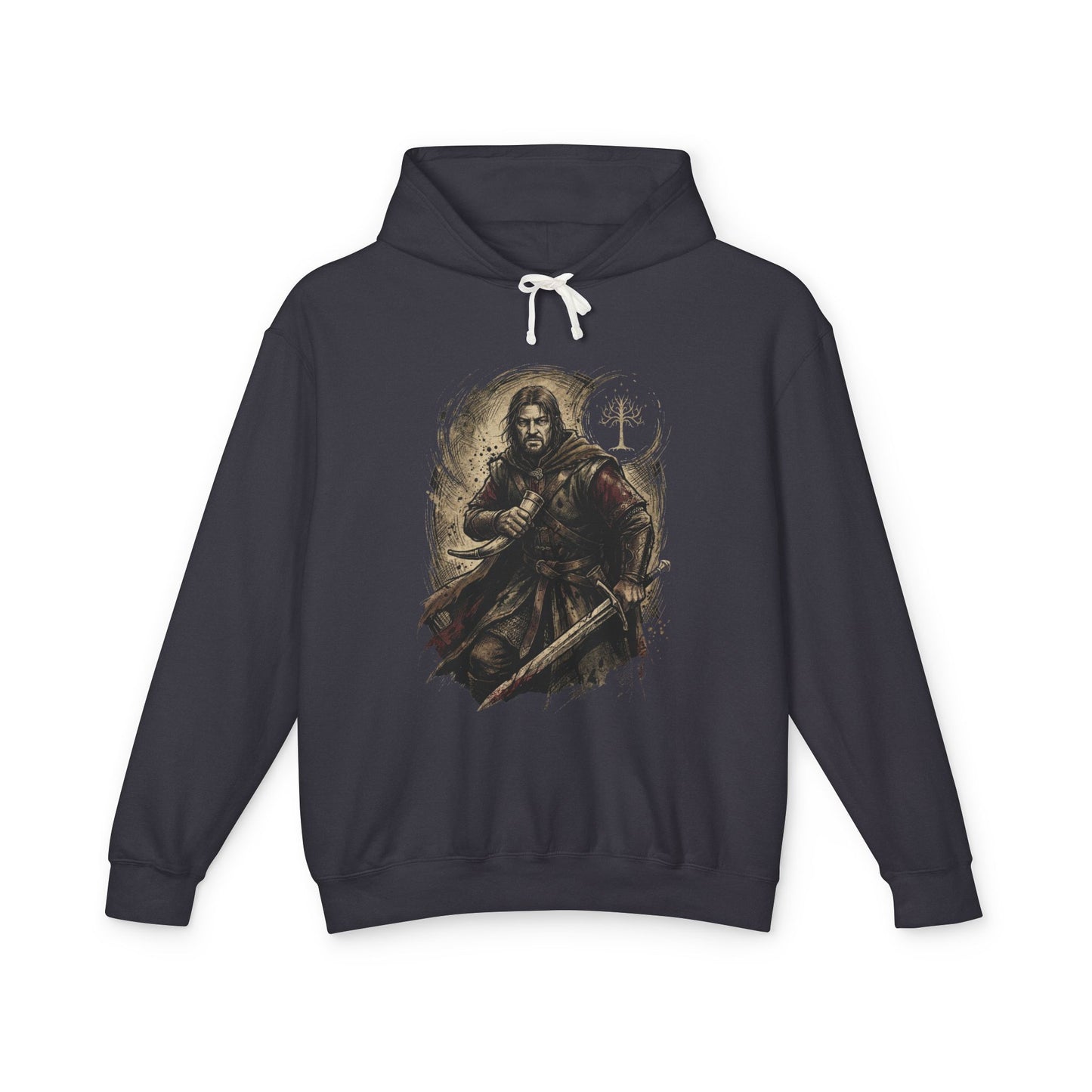 Boromir LOTR Fan Art – Gondorian Warrior Grey Eyes Horn Portrait Unisex Premium Hoodie