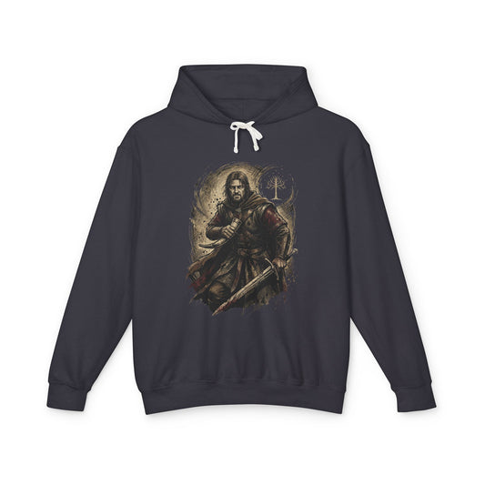 Boromir LOTR Fan Art – Gondorian Warrior Grey Eyes Horn Portrait Unisex Premium Hoodie