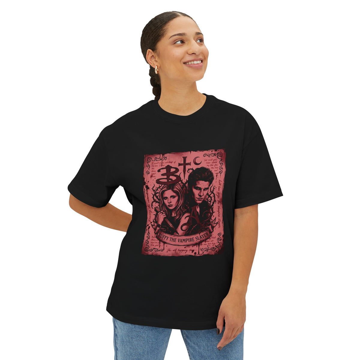 Buffy the Vampire Slayer Buffy and Angel Blood Red Portrait Oversized T-Shirt