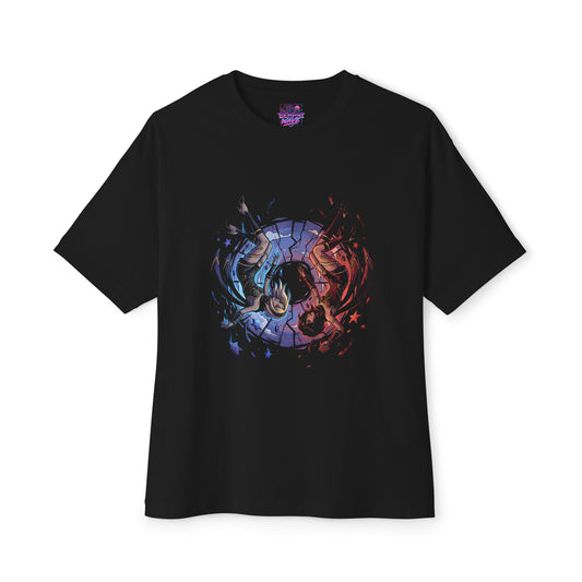 Gravity Rush Cosmic Duel two cosmic rivals Gaming Graphic Oversized Tee | Red and Blue Clash