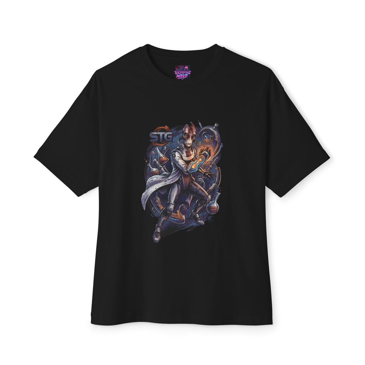 Mass Effect Mordin Lab Coat Flasks Blue Fan Art Oversized T-Shirt