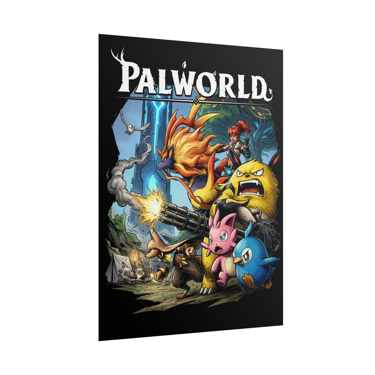Palworld Grizzbolt Minigun Pal Squad Charge Fan Art Poster