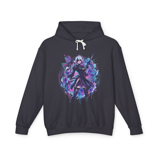 NieR Automata 2B Vaporwave Glitch Palm Sunset Neon Grid Art Unisex Premium Hoodie