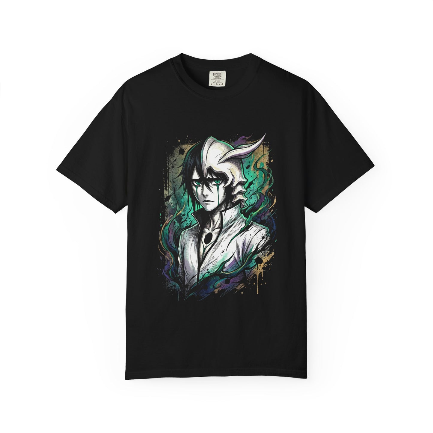 Messy Black Hair Arrancar Fan Art – Green Eyes Teal Lines Melancholic Design Premium T-Shirt